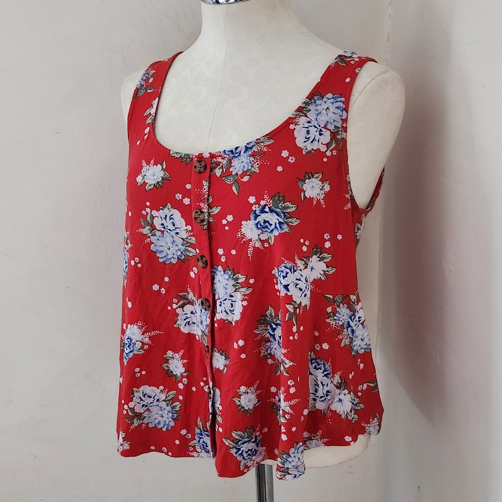 No Comment Red Floral Button Front Tank Top‎ Crochet Lace Back Women's Medium - Picture 5 of 5